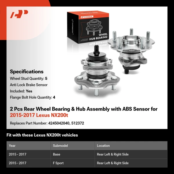 2 Pcs Rear Wheel Bearing & Hub Assembly with ABS Sensor for 2015-2017 Lexus NX200t