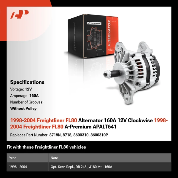 1998-2004 Freightliner FL80 Alternator 160A 12V Clockwise 1998-2004 Freightliner FL80 A-Premium APALT641