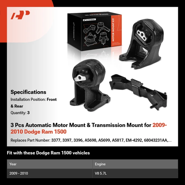 3 Pcs Automatic Motor Mount & Transmission Mount for 2009-2010 Dodge Ram 1500