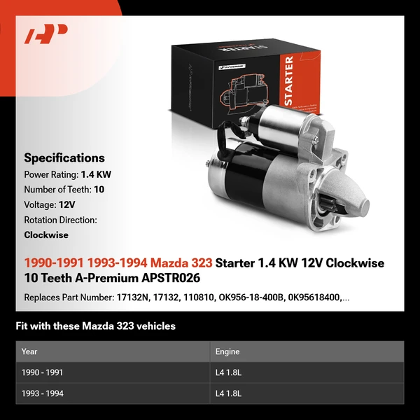 1990-1991 1993-1994 Mazda 323 Starter 1.4 KW 12V Clockwise 10 Teeth A-Premium APSTR026
