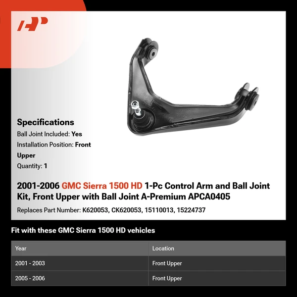 2001-2006 GMC Sierra 1500 HD 1-Pc Control Arm and Ball Joint Kit, Front Upper with Ball Joint A-Premium APCA0405