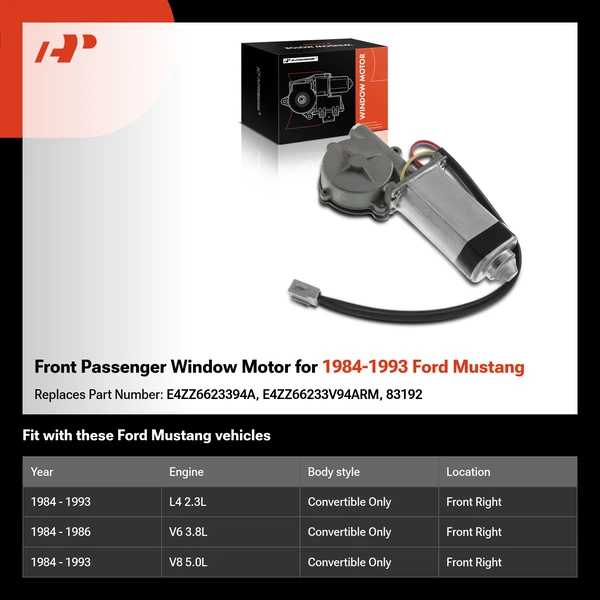 Front Passenger Window Motor for 1984-1993 Ford Mustang