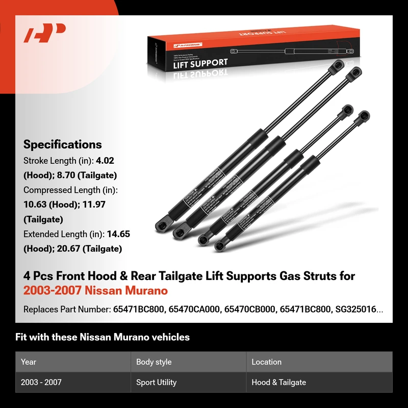 4 Pcs Front Hood & Rear Tailgate Lift Supports Gas Struts for 2003-2007 Nissan Murano