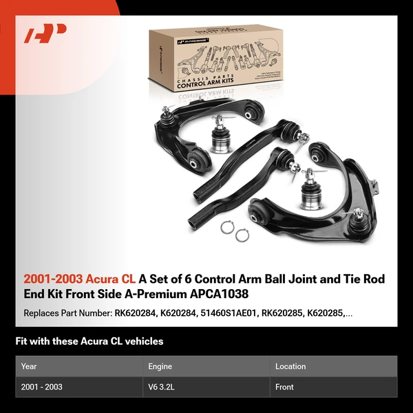 2001-2003 Acura CL A Set of 6 Control Arm Ball Joint and Tie Rod End Kit Front Side A-Premium APCA1038