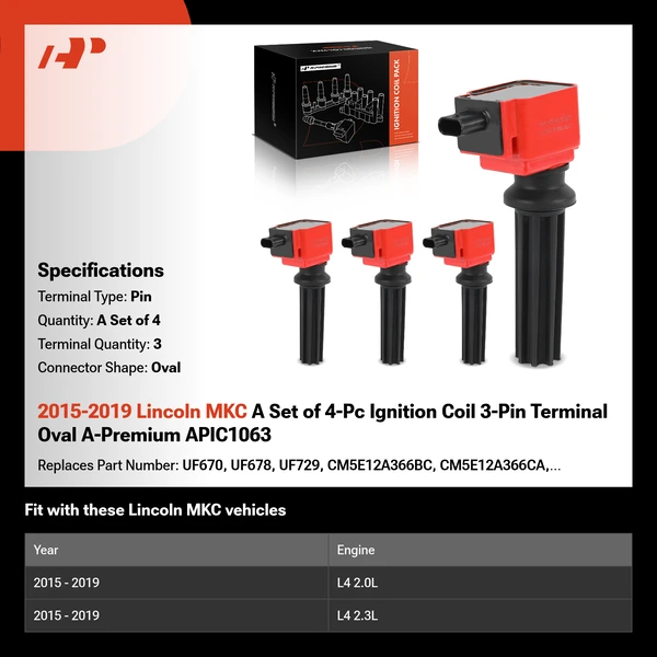 2015-2019 Lincoln MKC A Set of 4-Pc Ignition Coil 3-Pin Terminal Oval A-Premium APIC1063