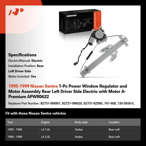 1995-1999 Nissan Sentra 1-Pc Power Window Regulator and Motor Assembly Rear Left Driver Side Electric with Motor A-Premium APWR0622