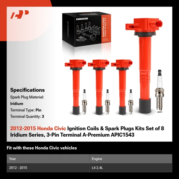 2012-2015 Honda Civic Ignition Coils & Spark Plugs Kits Set of 8 Iridium Series, 3-Pin Terminal A-Premium APIC1543