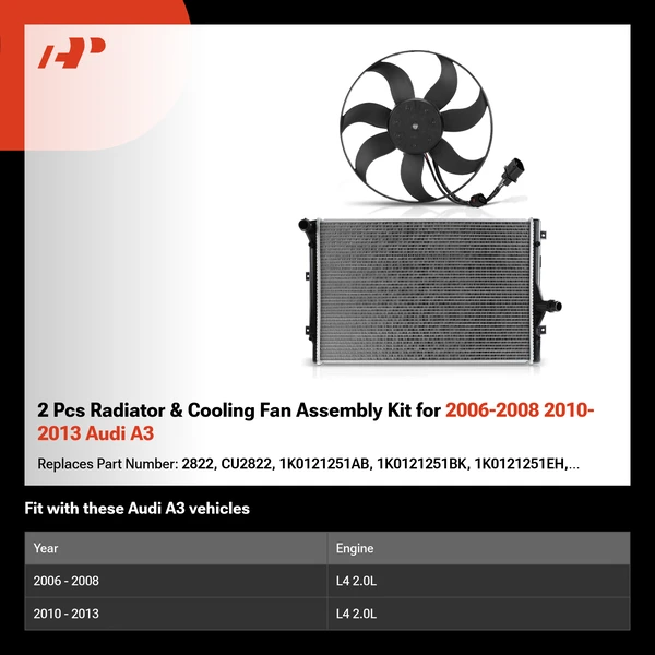 2 Pcs Radiator & Cooling Fan Assembly Kit for 2006-2008 2010-2013 Audi A3
