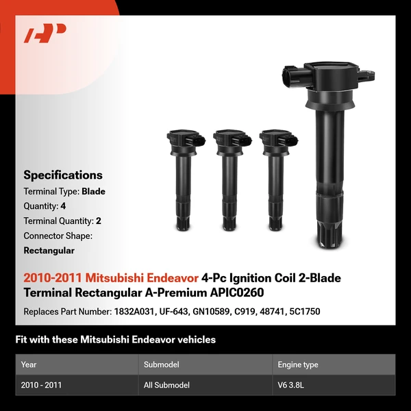 2010-2011 Mitsubishi Endeavor 4-Pc Ignition Coil 2-Blade Terminal Rectangular A-Premium APIC0260