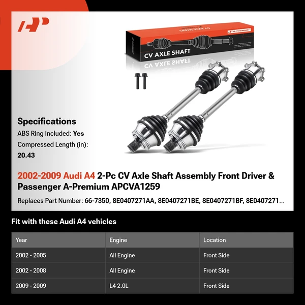 2002-2009 Audi A4 2-Pc CV Axle Shaft Assembly Front Driver & Passenger A-Premium APCVA1259