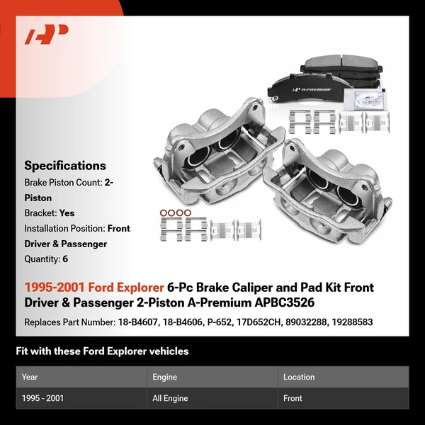 1995-2001 Ford Explorer 6-Pc Brake Caliper and Pad Kit Front Driver & Passenger 2-Piston A-Premium APBC3526