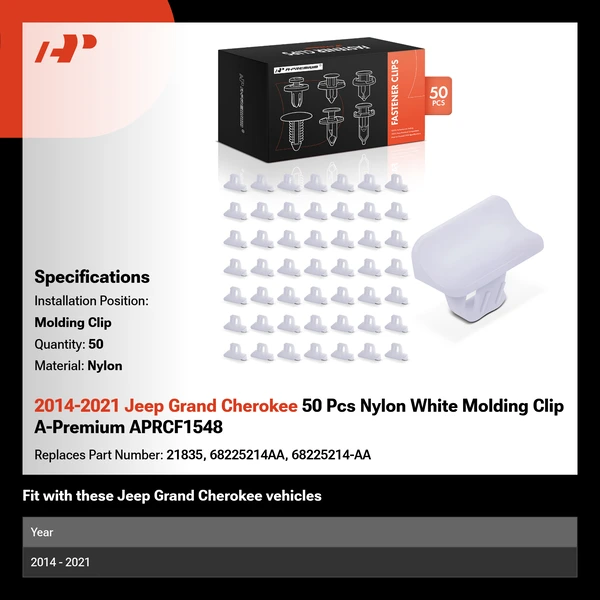 2014-2021 Jeep Grand Cherokee 50 Pcs Nylon White Molding Clip A-Premium APRCF1548
