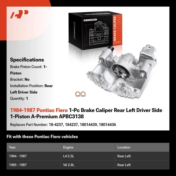1984-1987 Pontiac Fiero 1-Pc Brake Caliper Rear Left Driver Side 1-Piston A-Premium APBC3138