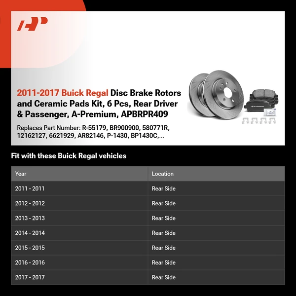 2011-2017 Buick Regal Disc Brake Rotors and Ceramic Pads Kit, 6 Pcs, Rear Driver & Passenger, A-Premium, APBRPR409