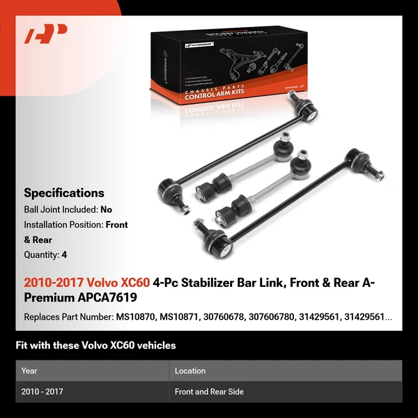 2010-2017 Volvo XC60 4-Pc Stabilizer Bar Link, Front & Rear A-Premium APCA7619