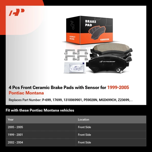4 Pcs Front Ceramic Brake Pads with Sensor for 1999-2005 Pontiac Montana