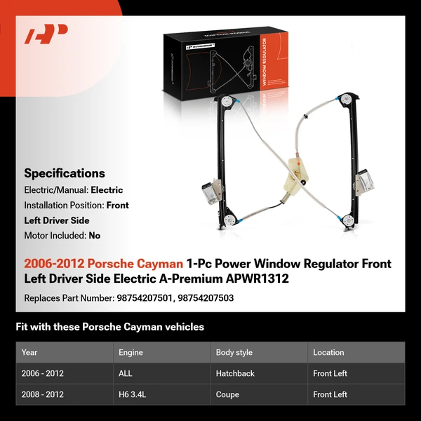 2006-2012 Porsche Cayman 1-Pc Power Window Regulator Front Left Driver Side Electric A-Premium APWR1312
