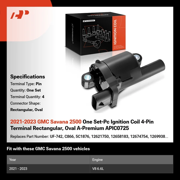2021-2023 GMC Savana 2500 One Set-Pc Ignition Coil 4-Pin Terminal Rectangular, Oval A-Premium APIC0725