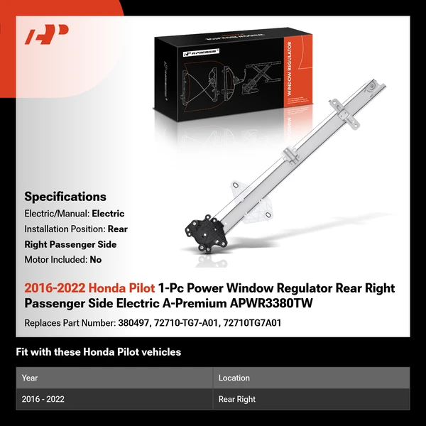 2016-2022 Honda Pilot 1-Pc Power Window Regulator Rear Right Passenger Side Electric A-Premium APWR3380TW