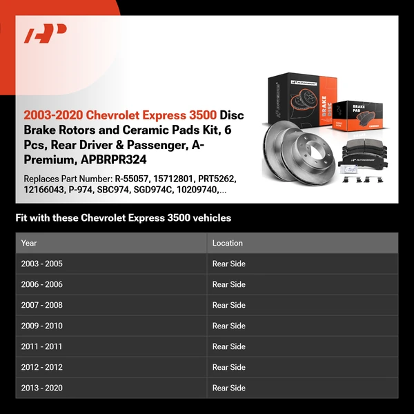 2003-2020 Chevrolet Express 3500 Disc Brake Rotors and Ceramic Pads Kit, 6 Pcs, Rear Driver & Passenger, A-Premium, APBRPR324