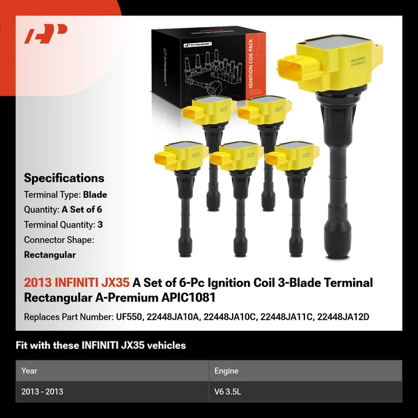 2013 INFINITI JX35 A Set of 6-Pc Ignition Coil 3-Blade Terminal Rectangular A-Premium APIC1081