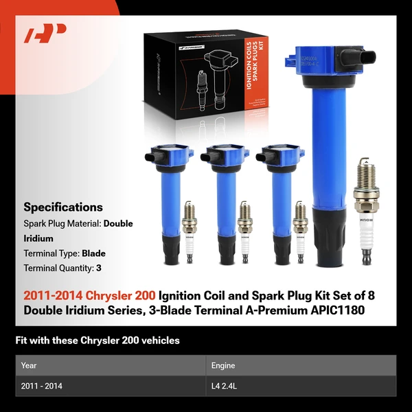 2011-2014 Chrysler 200 Ignition Coil and Spark Plug Kit Set of 8 Double Iridium Series, 3-Blade Terminal A-Premium APIC1180