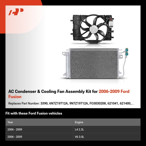 AC Condenser & Cooling Fan Assembly Kit for 2006-2009 Ford Fusion