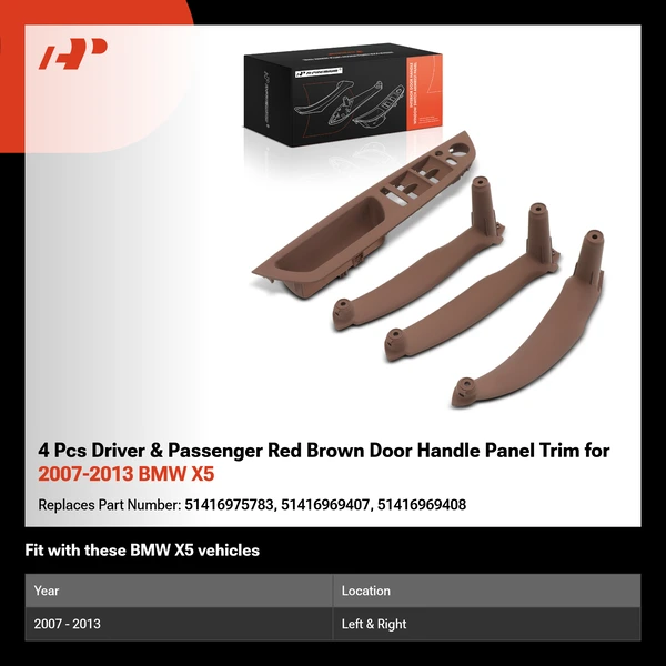 4 Pcs Driver & Passenger Red Brown Door Handle Panel Trim for 2007-2013 BMW X5