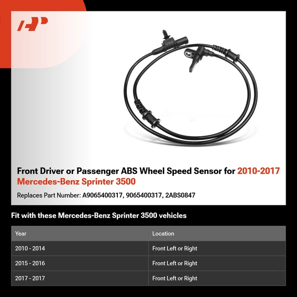 Front Driver or Passenger ABS Wheel Speed Sensor for 2010-2017 Mercedes-Benz Sprinter 3500