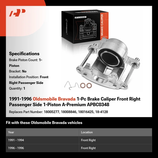 1991-1996 Oldsmobile Bravada 1-Pc Brake Caliper Front Right Passenger Side 1-Piston A-Premium APBC0348