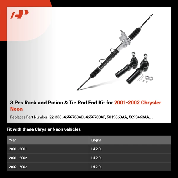 3 Pcs Rack and Pinion & Tie Rod End Kit for 2001-2002 Chrysler Neon