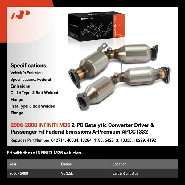 2006-2008 INFINITI M35 2-PC Catalytic Converter Driver & Passenger Fit Federal Emissions A-Premium APCCT332