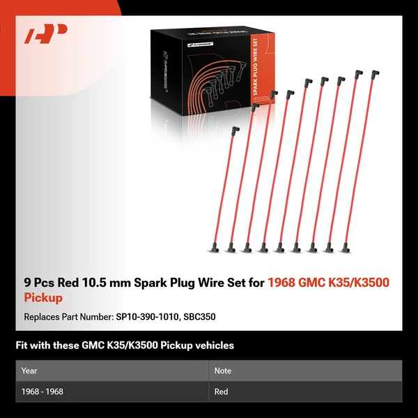 9 Pcs Red 10.5 mm Spark Plug Wire Set for 1968 GMC K35/K3500 Pickup