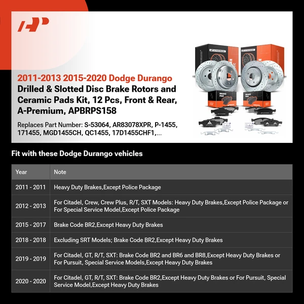 2011-2013 2015-2020 Dodge Durango Drilled & Slotted Disc Brake Rotors and Ceramic Pads Kit, 12 Pcs, Front & Rear, A-Premium, APBRPS158