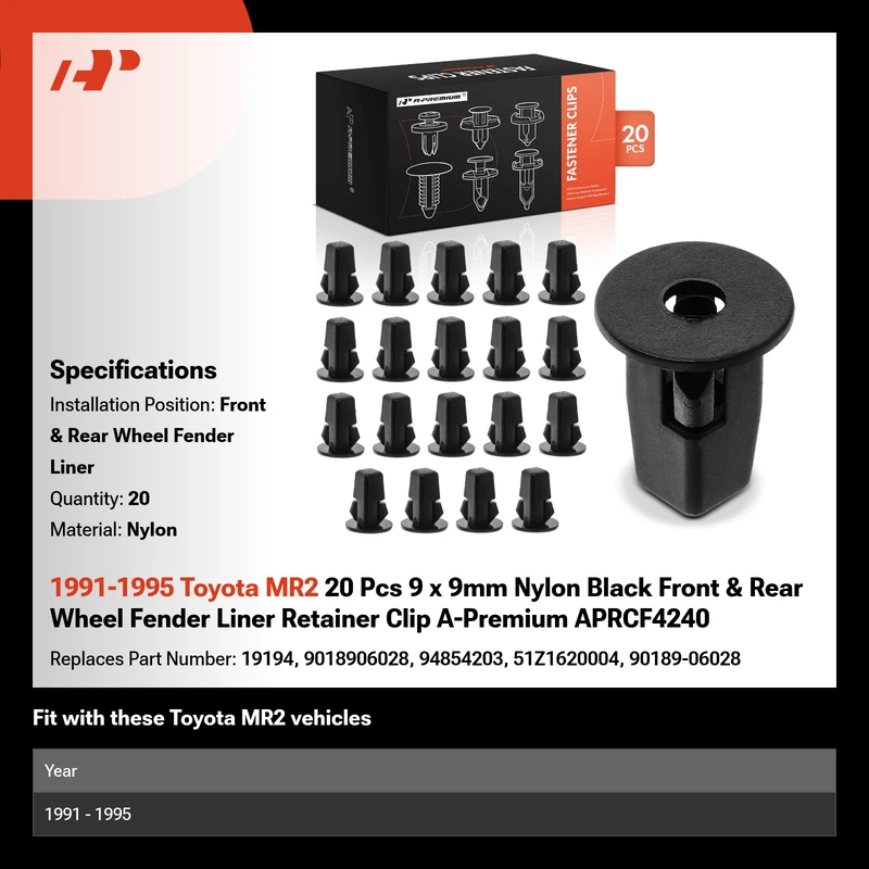 1991-1995 Toyota MR2 20 Pcs 9 x 9mm Nylon Black Front & Rear Wheel Fender Liner Retainer Clip A-Premium APRCF4240