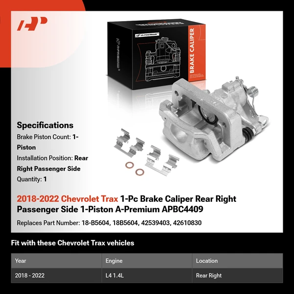 2018-2022 Chevrolet Trax 1-Pc Brake Caliper Rear Right Passenger Side 1-Piston A-Premium APBC4409