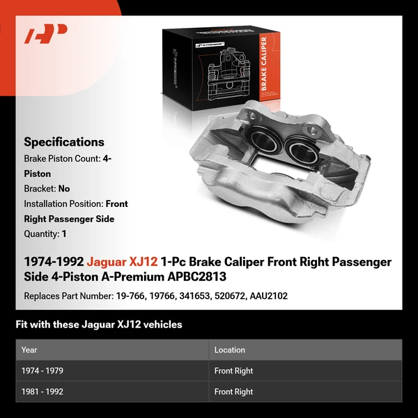 1974-1992 Jaguar XJ12 1-Pc Brake Caliper Front Right Passenger Side 4-Piston A-Premium APBC2813