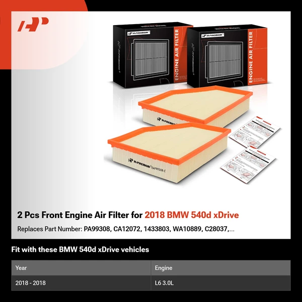 2 Pcs Front Engine Air Filter for 2018 BMW 540d xDrive