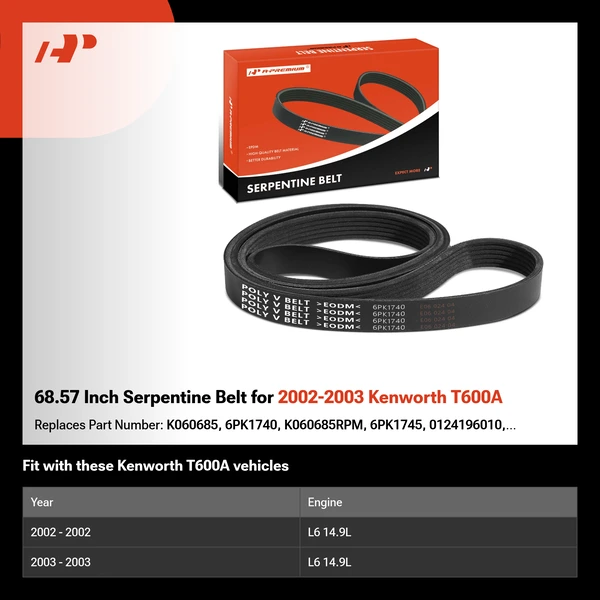 68.57 Inch Serpentine Belt for 2002-2003 Kenworth T600A