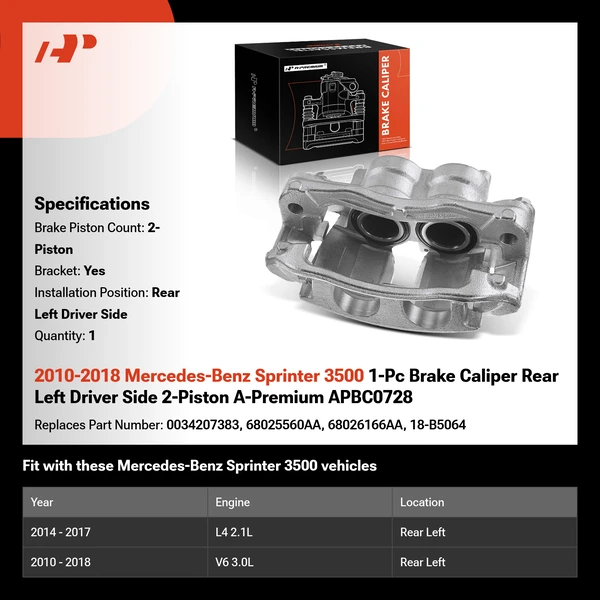 2010-2018 Mercedes-Benz Sprinter 3500 1-Pc Brake Caliper Rear Left Driver Side 2-Piston A-Premium APBC0728