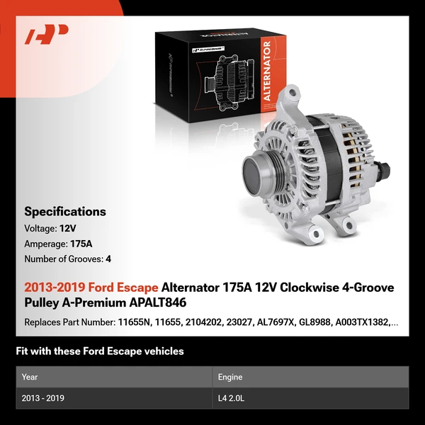 2013-2019 Ford Escape Alternator 175A 12V Clockwise 4-Groove Pulley A-Premium APALT846