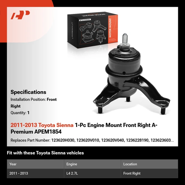 2011-2013 Toyota Sienna 1-Pc Engine Mount Front Right A-Premium APEM1854
