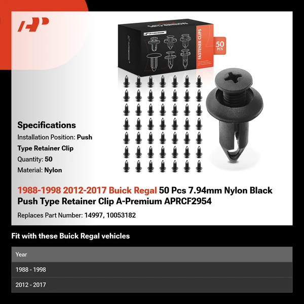 1988-1998 2012-2017 Buick Regal 50 Pcs 7.94mm Nylon Black Push Type Retainer Clip A-Premium APRCF2954