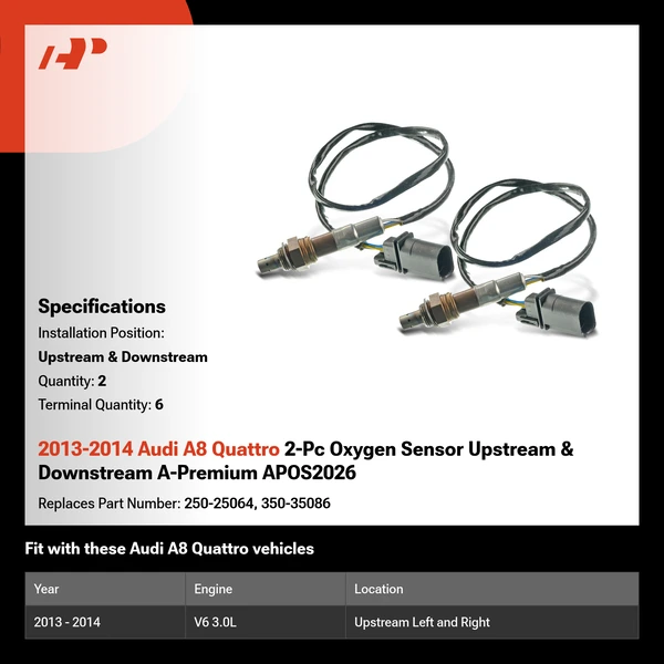 2013-2014 Audi A8 Quattro 2-Pc Oxygen Sensor Upstream & Downstream A-Premium APOS2026