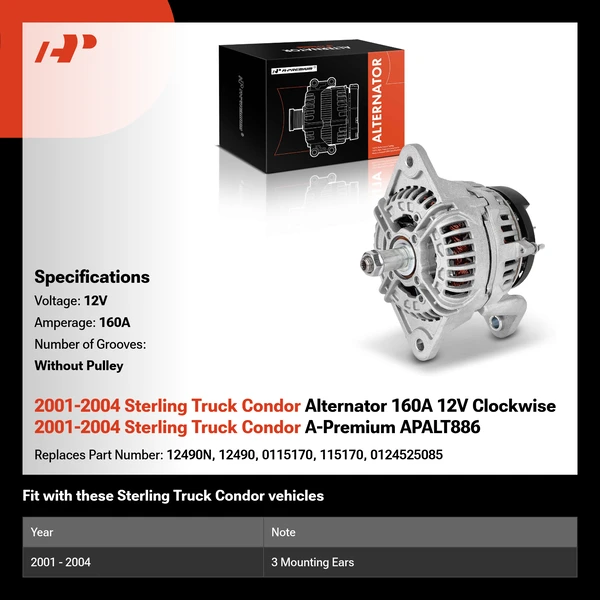 2001-2004 Sterling Truck Condor Alternator 160A 12V Clockwise 2001-2004 Sterling Truck Condor A-Premium APALT886