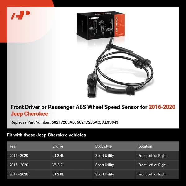 Front Driver or Passenger ABS Wheel Speed Sensor for 2016-2020 Jeep Cherokee