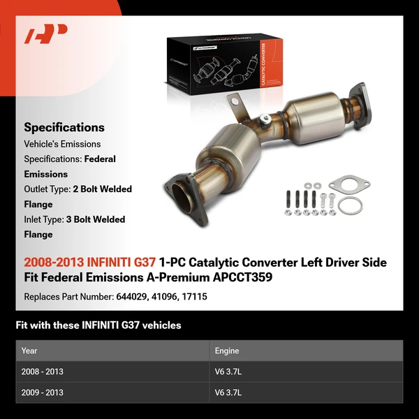 2008-2013 INFINITI G37 1-PC Catalytic Converter Left Driver Side Fit Federal Emissions A-Premium APCCT359