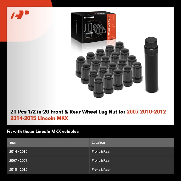 21 Pcs 1/2 in-20 Front & Rear Wheel Lug Nut for 2007 2010-2012 2014-2015 Lincoln MKX