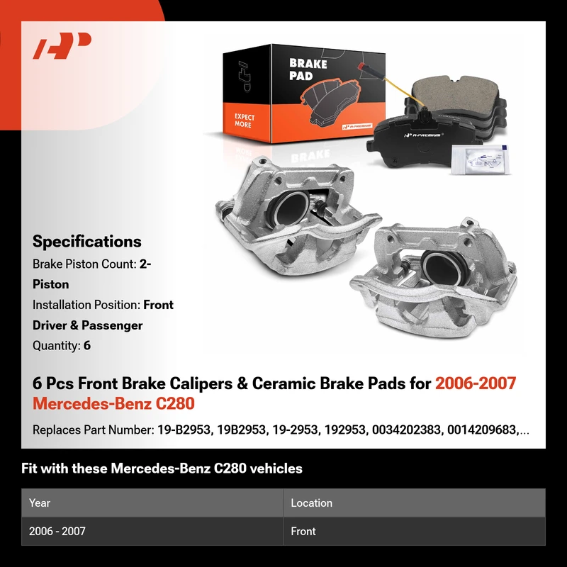 6 Pcs Front Brake Calipers & Ceramic Brake Pads for 2006-2007 Mercedes-Benz C280