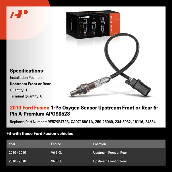 2010 Ford Fusion 1-Pc Oxygen Sensor Upstream Front or Rear 6-Pin A-Premium APOS0523